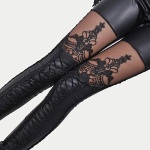 Leggings femmes Punk noir faux cuir gothique dentelle couture Legging bandage floral leggings dame slim capris immitation pantalon en cuir