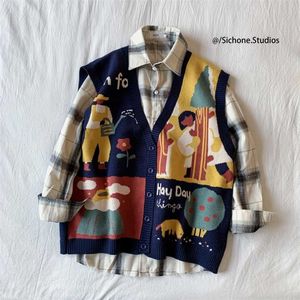 Losse Koreaanse truien Vest Mens Afdrukken Losse Fit Jumpers Knitwear Mouwloze Trui Mannen Casual Mannen Kleding 211006