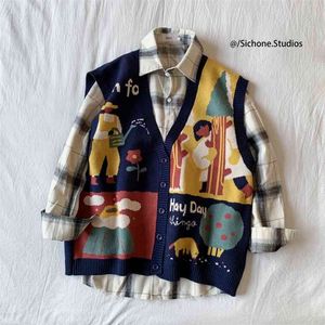 Losse Koreaanse truien Vest Mens Afdrukken Losse Fit Jumpers Knitwear Mouwloze Trui Mannen Casual Mannen Kleding 210818