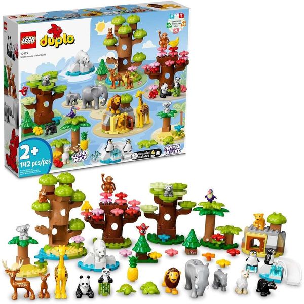 LEGO DUPLO 10975 Les animaux sauvages du monde - Kit de construction d'animaux éducatifs avec 22 figurines d'animaux, sons et tapis de jeu carte du monde - Jouet d'apprentissage cadeau pour les tout-petits filles
