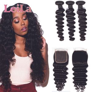 Leila hair Loose Deep Wave 3 Bundles With Closure Human Hair Brazilian Weave Bundles With Closure 4*4 Remy Hair Extension