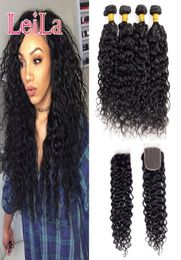 Leila Hair Water Wave Brésilien Virgin Hair Bundle with Closure Weave Bundles with Close Remy Human Hair 4 Bundles with Close7834909