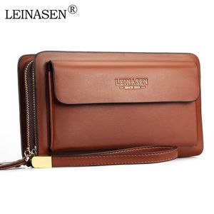 Leinasen Brand Men Wallets met munten Pocket Zipper Dubbele rits Mannelijke portemonnee Lange grote mannen Turn Coin Koppelingszak Black Business J306Y