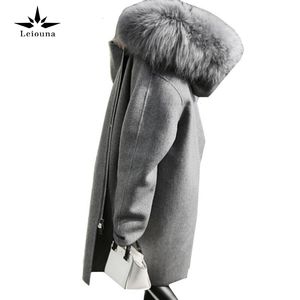 Leiouna Elegant Grey Winter Wainen Veste longue fourrure à capuche en laine chaude parka lâche Femelle Sorwear plus taille 5xl 201102