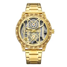 Lazer e moda circular dourado masculino cinto de aço transparente oco relógio de quartzo o novo