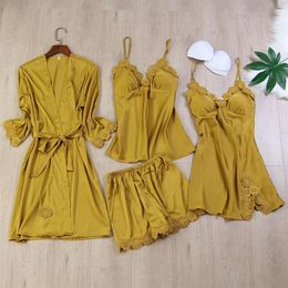 Freizeit Weibliche Nachtwäsche Spitze Kimono Bademantel Kleid 4PCS Nachtwäsche Strap Top Robe Mit Gürtel Frühling Neue Faux Seide Nachthemd262r