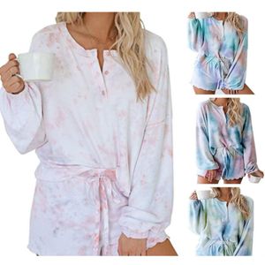 Leisure Homewear Suits Herfst Nieuwe Ronde Hals Lange Lantaarn Mouw Tops Drawstring Shorts Tie Dag Dye Print Tweedelige Home Kleding 210422