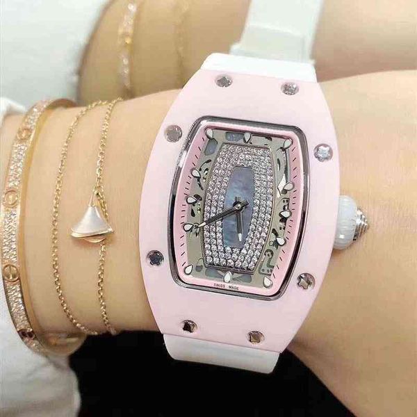 Ocio Milles reloj Maquinaria Cerámica Fecha Lujo Rm07-01 Mecánica automática Relojes rosas Cinta blanca Richa Reloj de pulsera para mujer Negocios