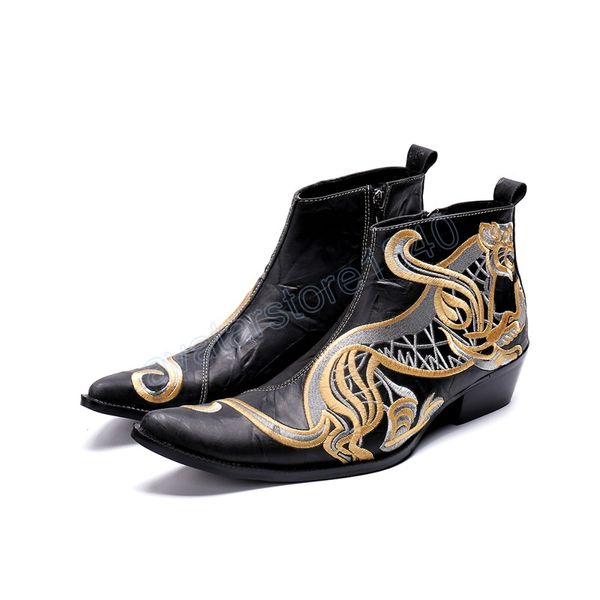 Chaussures de loisirs à bout pointu avec fermeture éclair, bottines originales brodées, bottes de Cowboy en cuir véritable de Style chinois pour hommes