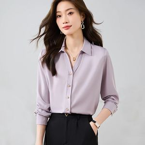 Loisir les chemises violettes blancs bouton revers solide top satin top dame à manches longues ol chemise femme blouses automne blusas 240407