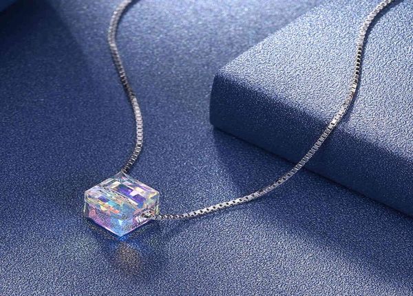 LEKANI bleu Cube cristaux de rovski 925 en argent Sterling forme carrée pendentif bijoux de mariage collier 4703830