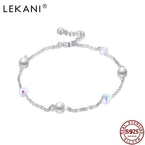 LEKANI S925 bracelets de cheville en argent Sterling pour femmes perles rondes autriche cristal bracelets de cheville Famale cadeau d'anniversaire bijoux fins