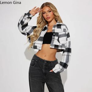 Lemon Gina-ropa de calle para mujer, chaquetas a cuadros de manga larga con cuello vuelto, camisa de un solo pecho, 240226