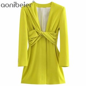 Citroen groen kantoor dame blazer jurk zomer herfst vouwen twist detail diepe v hoge taille dames casual mini potlood 210604