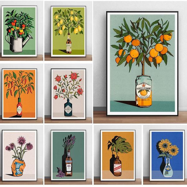 Affiches de fruits oranges de citron imprimés plantes fleurs toile peinture de peinture murale images pour moderne nature home salle à manger café décor w06