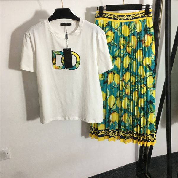 Citron imprimé femmes robe plissée Designer chemises brodé lettre t-shirt t-shirts deux pièces mode ensembles décontractés