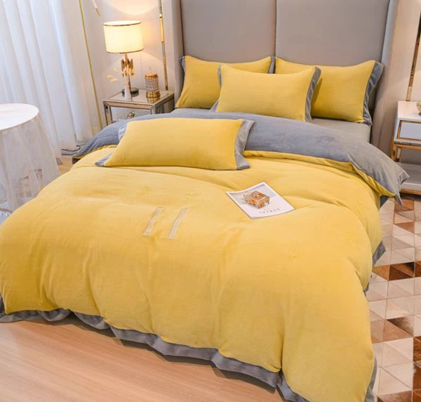 Ropa de cama de lana de coral espesa de color amarillo limón Juego de cama de cuatro piezas Juegos de cama Besigner Franela de lujo Sábanas Contáctenos para ver fotos con LOGO