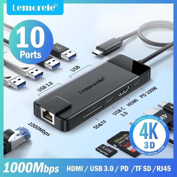 Lemorele 10/9in-1 USB C Hub tipo estación de acoplamiento RJ45 PD 100W adaptador 3,0 accesorios para tableta portátil para Macbook