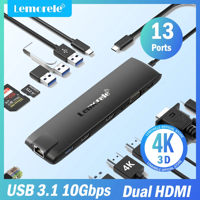 Lemorele TC96 USB Hub 3.1 Dock Station USBC till dubbla HDMI 4K 10GPBS Type-C 100W Gigabit Ethernet Adapter VGA för MAC