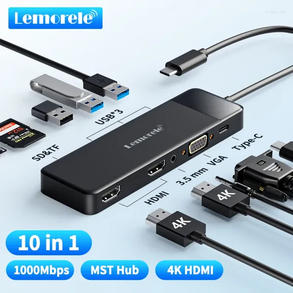 Lemorele USB-C Hub 10 puertos estación de acoplamiento USB tipo C a HDMI Dual 4K 30Hz VGA 3,0 adaptador PD100W lector de tarjetas SD para MacBook