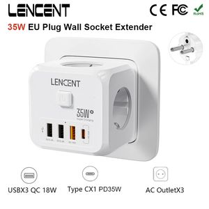 Lencent EU-plugverminderingsstrookwandaansluiting met 3 AC3 USB 18W 1 Type C PD 35W snelle laderadapter 7-in-1 Socket Onoff-schakelaar 240415