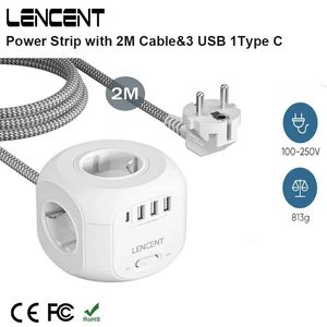 Lencent Eu Plug Power Brind avec 4 prises AC 3 Port USB 1 Type C 2M3M Câble tressé Multi-prise avec interrupteur pour la maison 240415