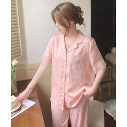 Lenceria Dames Nachtkleding Lente Zomer Pyjama voor Dames Korte mouw Kant Casual Homewear Kleding Revers Top Broekpak Comfortabel Pijama 929