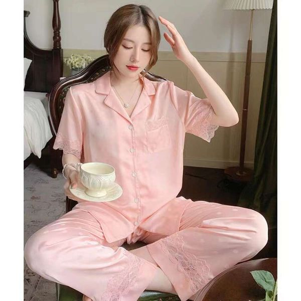 Lenceria Femmes Vêtements De Nuit Printemps Été Pyjamas pour Femmes À Manches Courtes Dentelle Casual Home Wear Vêtements Revers Haut Pantalon Costume Confortable Pijama 825