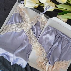 Lenceria Femmes Vêtements De Nuit D'été Femmes Jarretelles pcs Pyjamas Ensemble Sexy Patchwork Dentelle Chemise Lingerie Intime Lâche Soie Satin Maison Vêtements