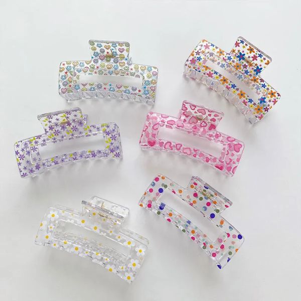 Longueur 8,3 cm Floral Dot Clair carré Claumpes Femmes Sweet Sweet Fleur Cœur Smile Face Face Coiffe Claw Clips Medium Plastic Hairpins Feme Feme Ponytail Head Wear