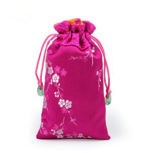 Allonger Jade fleurs de cerisier sac cadeau soie brocart tissu emballage cordon bijoux collier pochette de rangement téléphone portable poche couverture
