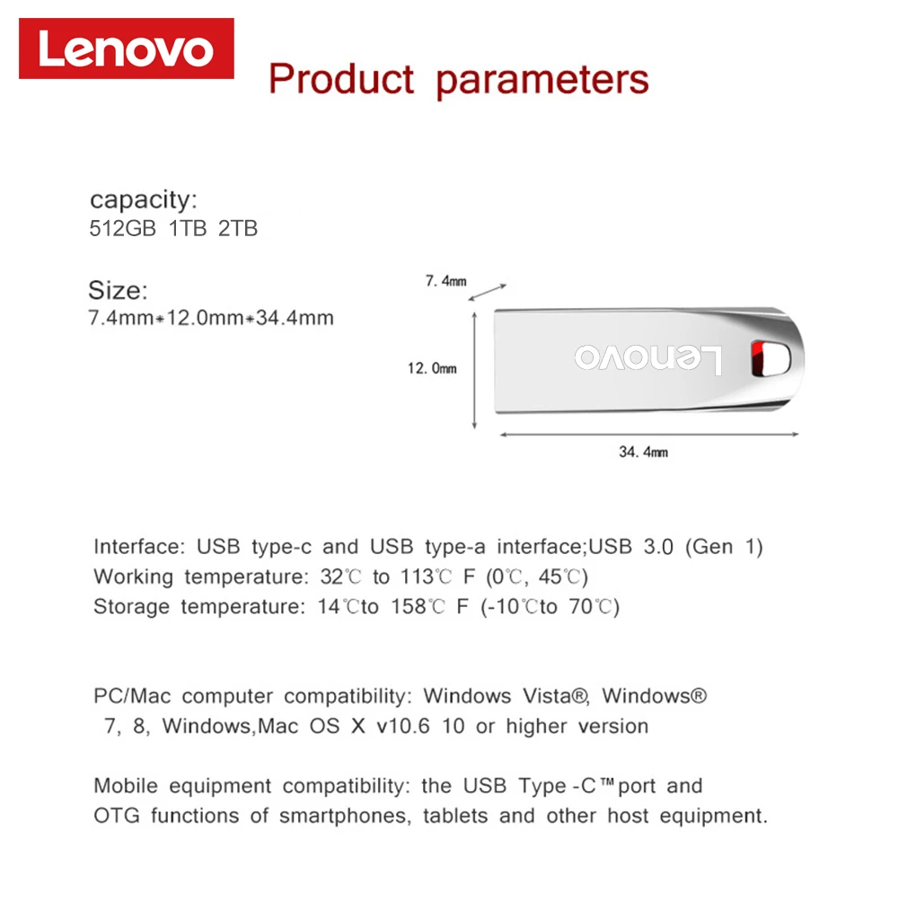 Lenovo Flash Drives 2TB USB 3.0 MINI High Speed Metal Pendrive 1TB 512GBスティックポータブルドライブ防水メモアストレージUディスク