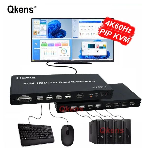 Lente 4K 60Hz 4x1 HDMI Multiviewer Pantalla de pantalla cuádruple para la PC de la cámara PS4 PC a TV Monitor puede PIP 90 ° 180 ° Ratón de teclado USB USB