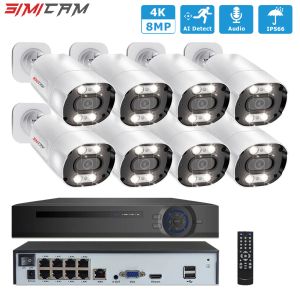 Lente 4K 8MP Poe Security Camera System Kit 8 CH NVR Metal Improifer Night Vision Audio para Home Street Video Vigilance Set