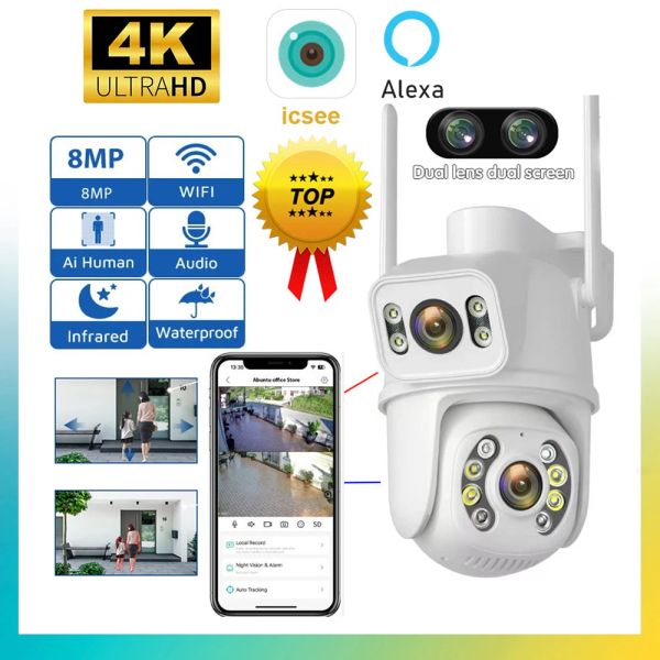 Lens 6MP 4K PTZ CAME WIFI Double objectif avec double écran AI Détection humain Tracking Auto Wireless Wireless Outdoor Suppeillance Camera