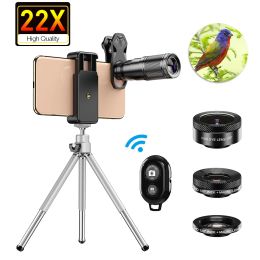 Lentille APEXEL 22X PHIPE CAMERA LENS 4IN1 TELESCOPE ZOOM LENS AVEC TRIPOD MACRO FISH Eye Lens pour iPhone Samsung Smartphone Lente