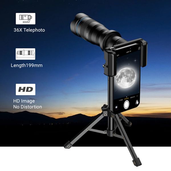 Lens Apexel 36x Metal Telew tour avec Tripod Zoom Telescope Monoculaire pour iPhone Samsung Shooting Birds Regarder des sports de concert