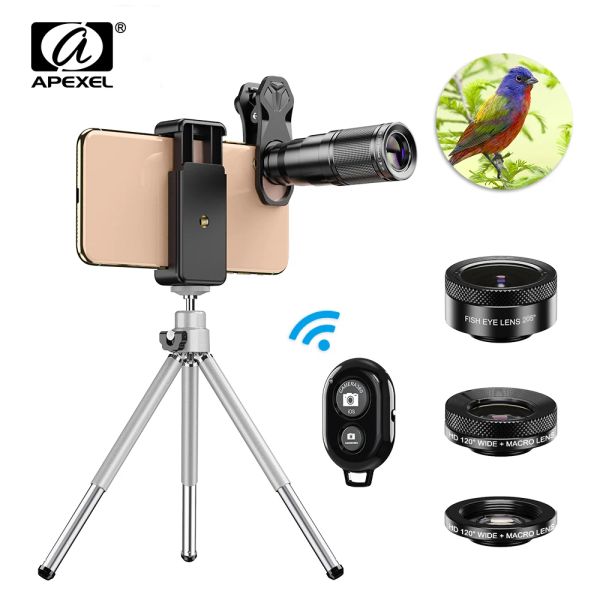 Lente APEXEL óptica HD Cámara de la cámara del teléfono Kit 4in1 teleobjetivo zoom telescopio monocular 22x lente + macro ancho con trípode remoto con trípode remoto