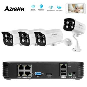 Lens Azishn Full HD 1080p 4Channel CCTV System 4PCS 2MP Metal Outdoor IP Camera 4CH 1080P POE 48V NVR CCTV Kit HDMI P2P ALARME EMAIL