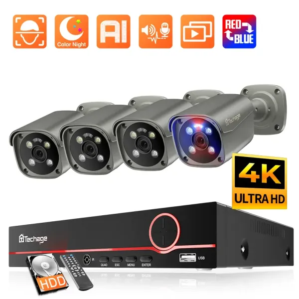Lens Techage 4K 8MP Système de caméra de surveillance H.265 8ch Poe NVR Kit de détection humaine Redbule Light Alarm P2P Video Audio CCTV