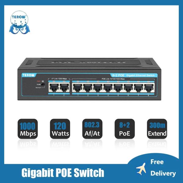 Lente Terow 10 Puertos Poe Switch 1000Mbps 8 Poe +2 enlaces ascendentes de 120W Interruptor Ethernet Gigabit para cámara IP/Sistema de cámaras AP/CCTV inalámbricas