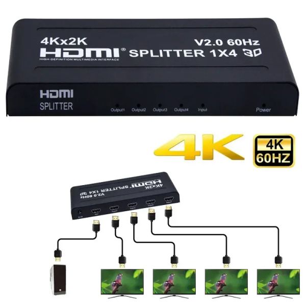 Lens V2.0 4K 60Hz Splitter HDMI 1x4 4KX2K 3D HDMI Splitter 1x4 1 In 4 Out Video Converter pour PS4 STB DVD PC PC sur 4 TV Monitor