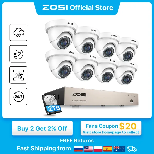 Lente Zosi 8ch 1080p Sistema de cámara de seguridad H.265+ 8CH 5MP Lite HD CCTV Recorder DVR 8pcs Cámaras de vigilancia de domo interior/exterior de 2MP