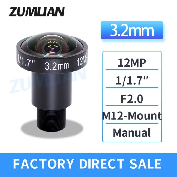 Lentille Zumlian Fisheye M12 Lens 3,2 mm Macro Lens 12MP 1 / 1,7 pouce Capteur IMX226 F2.0 M12 Mont avec un objectif de filtre IR 650 nm pour la caméra 4K