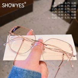 Lenzen oversized anti Blue Light Filter Randless Glasses Myopia Women Recept Gold Pearl Chain Accessoires Lady Zero -bril