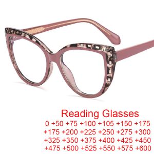 Lenzen unieke strass rhinestones cat eye glazen frame dames merkontwerper roze luipaard computer leesglazen tr90 vrouwelijke oculos +2 +4