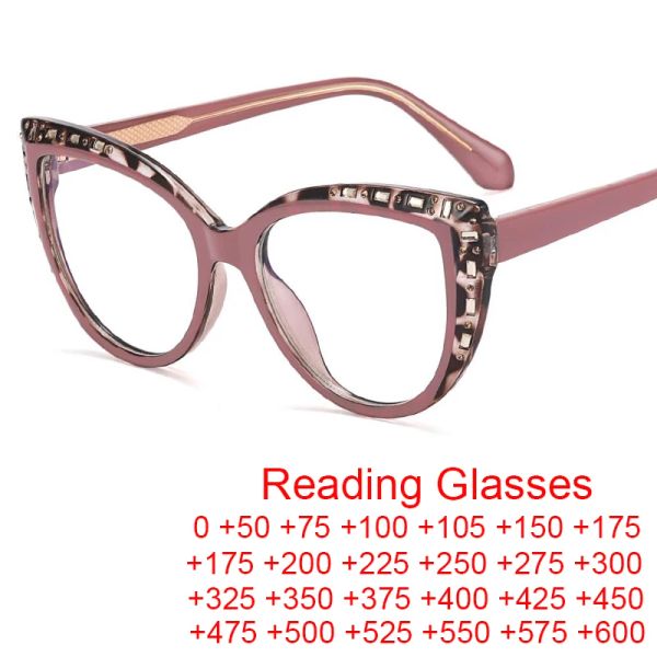 Lenses uniques en strass de chat Lunerie de chats Cadre Femme Designer de marque Pink Léopard Computer Lire Eyeglass Tr90 Femme OCULOS +2 +4