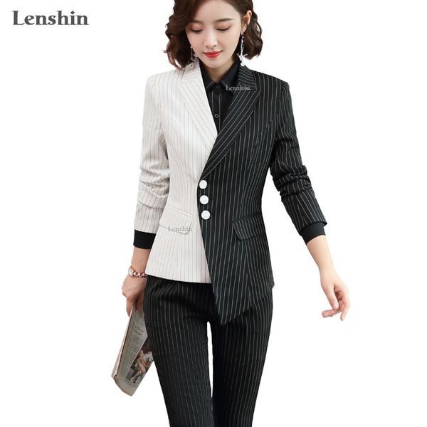 Lenshin 2 pièces Set Asymétrique Black and White Striped Pant Suit Blazer Office Lady Designs Women Business Jacket and Trafer 200922