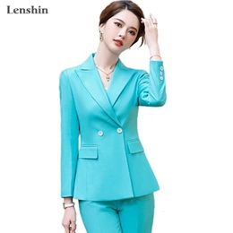 Lenshin haute qualité Ladays Turquoise ensemble d'affaires pour les femmes pantalons costumes tenue de bureau Blazer à simple boutonnage avec pantalon 240327