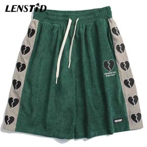 Lenstide zomer mannen corduroy shorts hiphop kant gebroken hart patchwork harajuku streetwear casual baggy korte broek mannelijke broek 210716